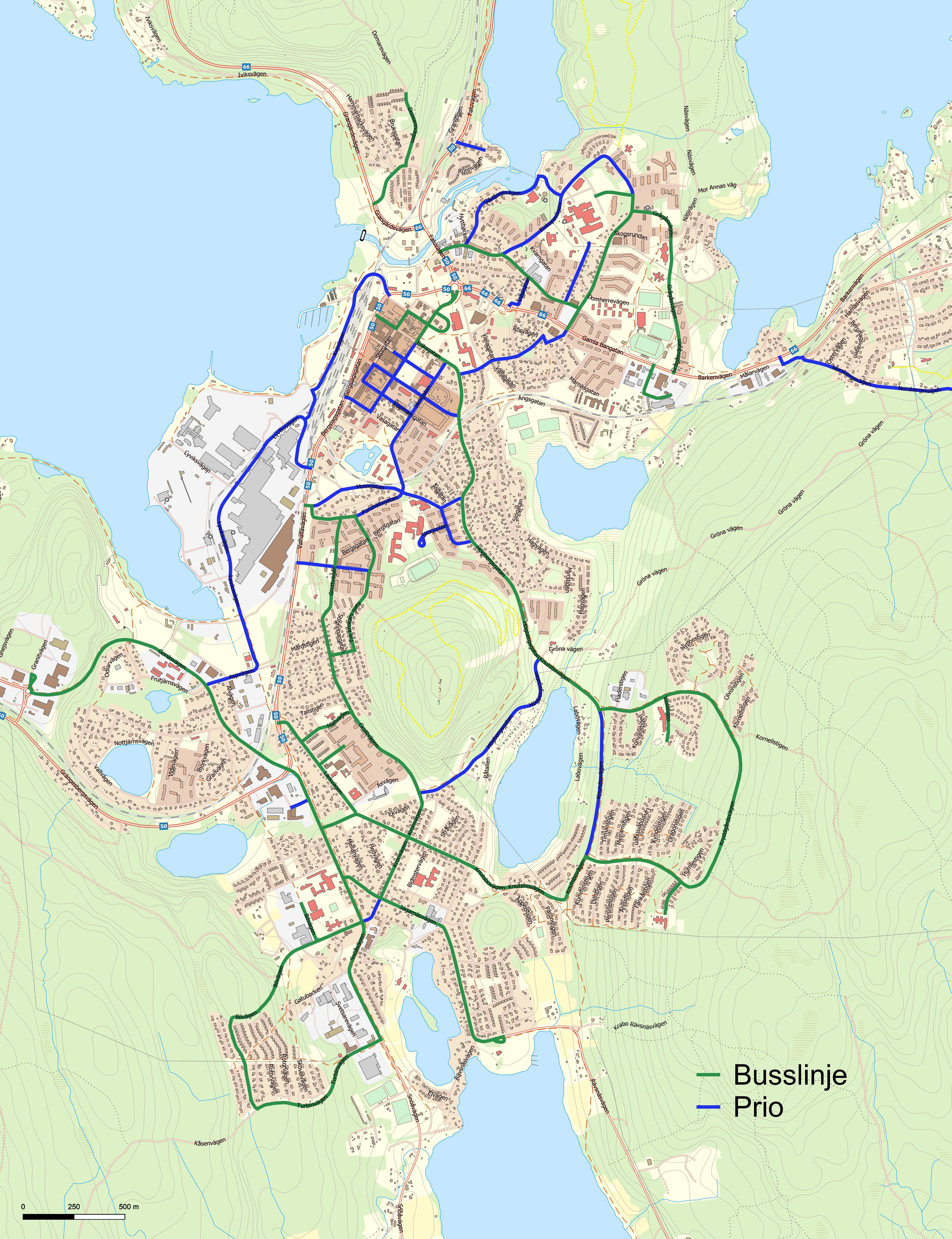 Prioriterade gator för snöröjning och halkbekämpning i Ludvika markerade med blått.